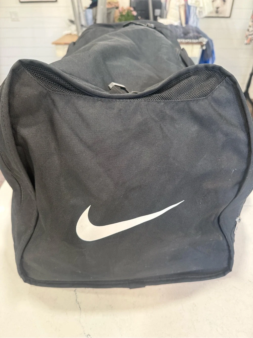 Nike Large Black Duffel Bag with White Swoosh and Logo Strap